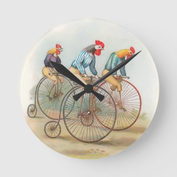 Vintage Roosters On Bikes Round Clock by Vintage_Gifts at Zazzle