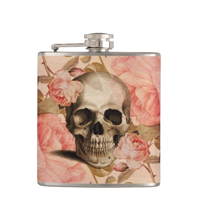 Vintage Rosa Skull Collage Flask (Front)
