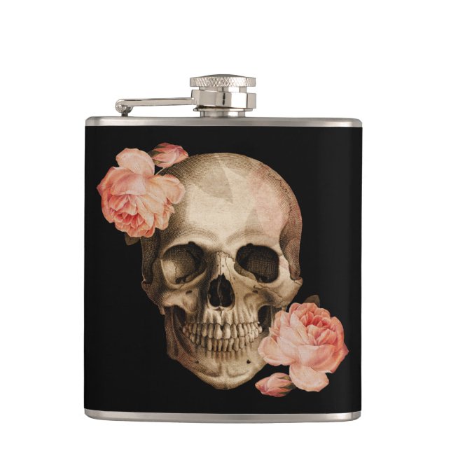 Vintage Rosa Skull Collage Hip Flask (Front)
