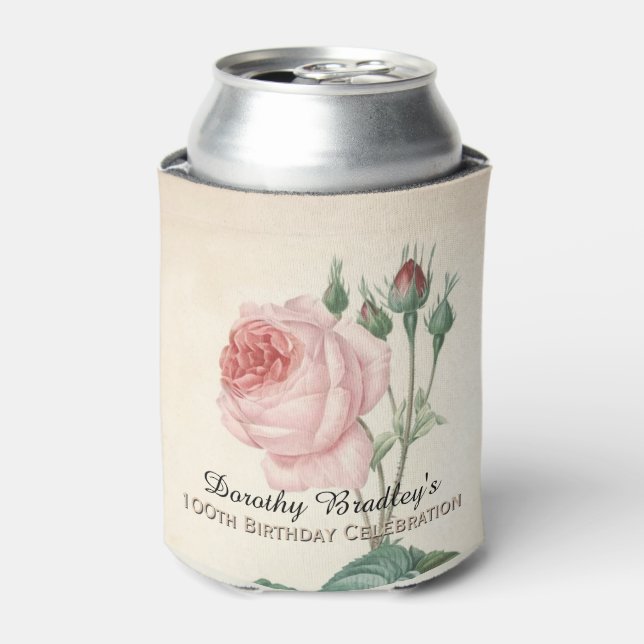 Vintage Rose 100th Birthday Celebration Can Cooler (Can Front)