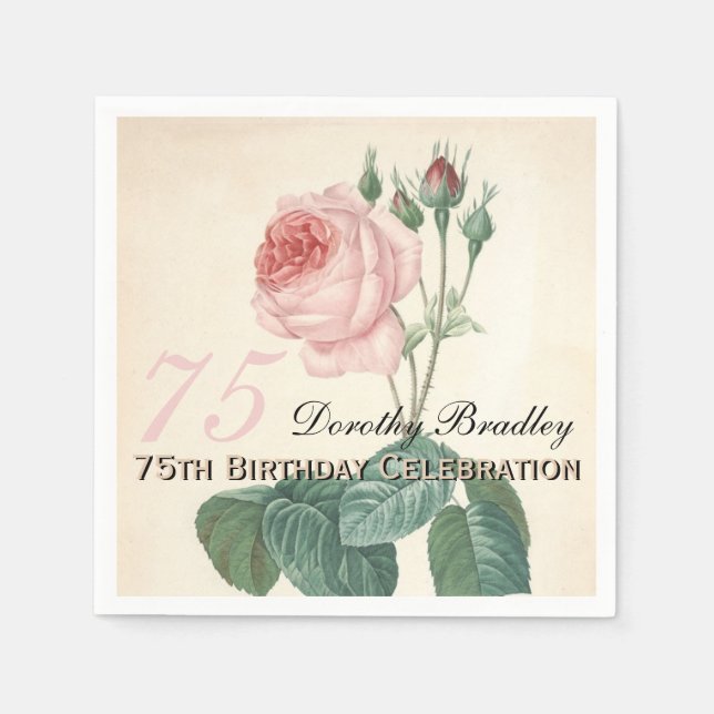 Vintage Rose 75th Birthday Party Paper Napkins (Front)