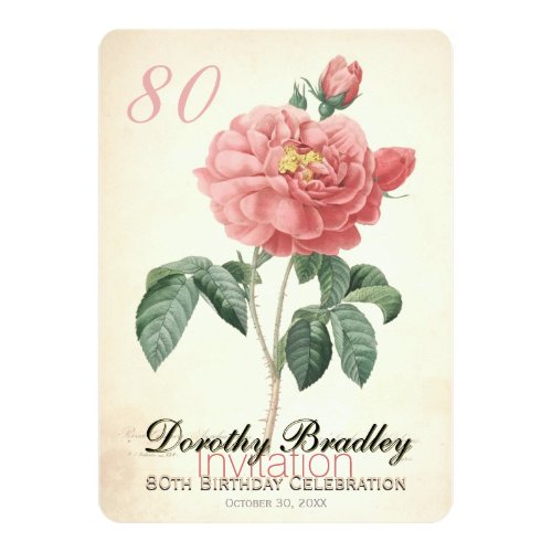 Vintage Rose 80th Birthday Celebration Custom Invitation