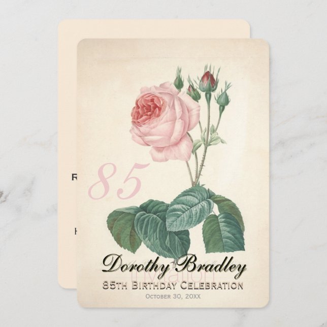Vintage Rose 85th Birthday Celebration Custom I Invitation (Front/Back)