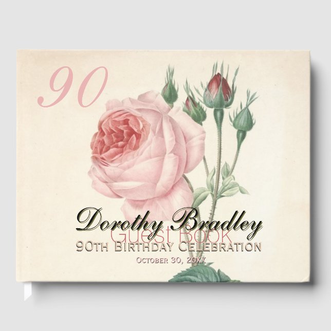 Vintage Rose 90th Birthday Celebration Guest Book (Front)