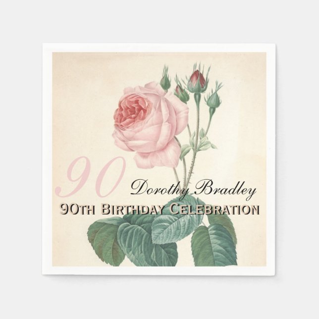 Vintage Rose 90th Birthday Party Paper Napkins (Front)