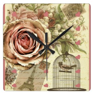 Vintage Rose and Birdcage Wall Clock