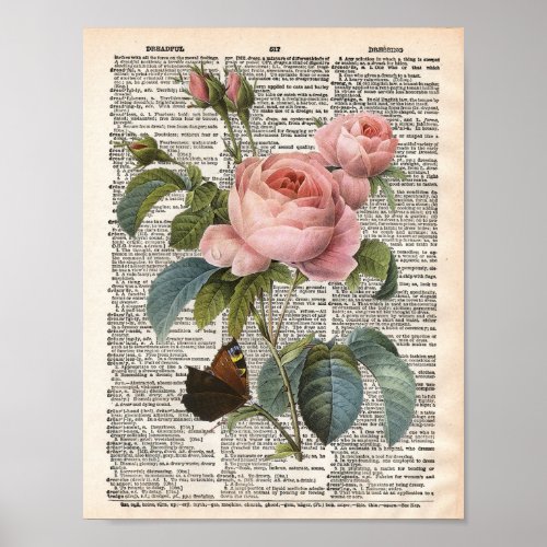 Vintage rose and butterfly dictionary poster