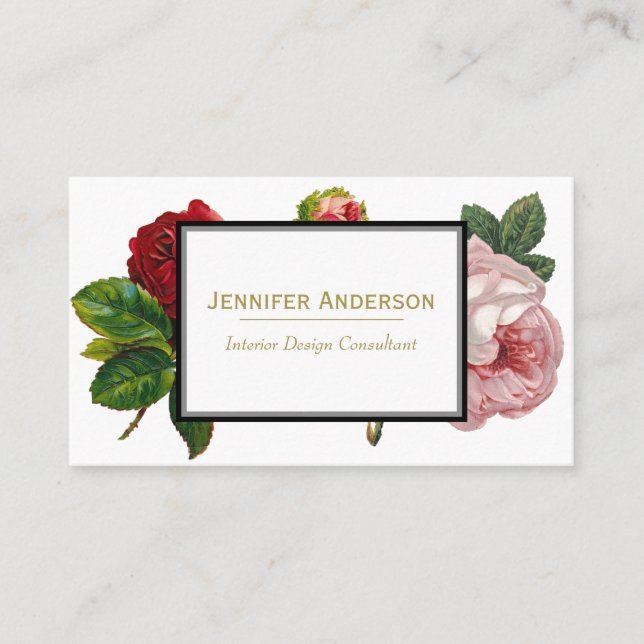 Vintage Rose and Gold Floral Business Card (Front)
