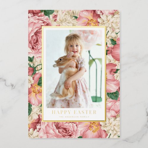 Vintage Rose and Hydrangea Photo Happy Easter Foil Holiday Card