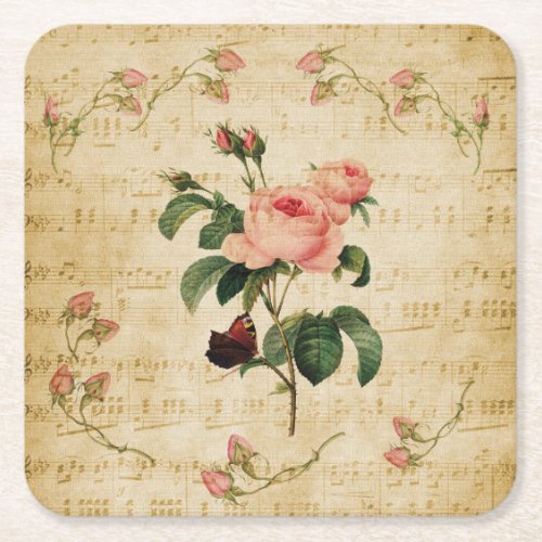 Vintage Rose and Music Sheet  Square Paper Coaster