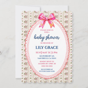 Vintage Rose and Polka-Dot Bow Baby Shower Invitation