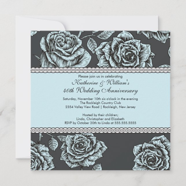 Vintage Rose Anniversary Invitation Black Blue (Front)