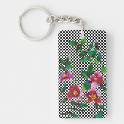 Vintage Rose bw checkers Keychain