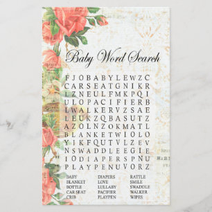 Vintage rose Baby Shower Word Search Game