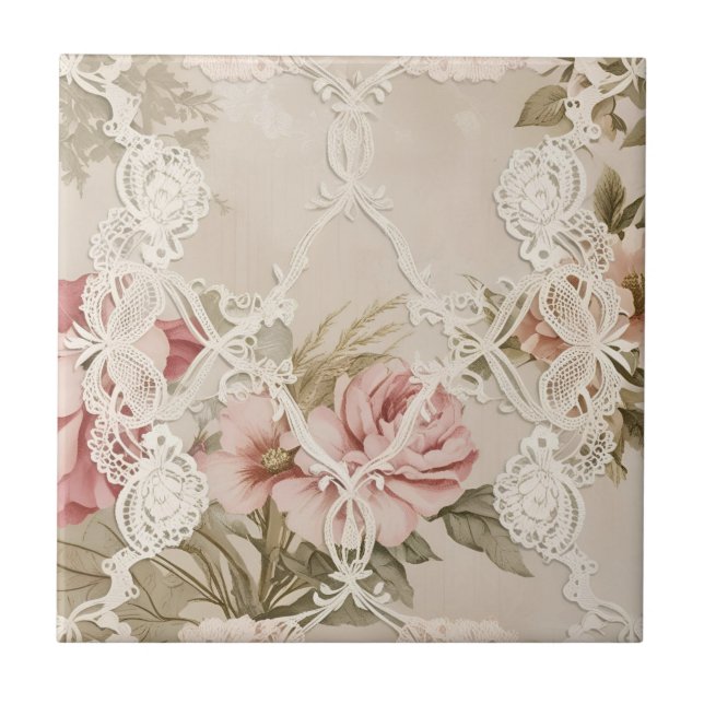 Vintage Rose Behind Lace Ceramic Tile (Front)
