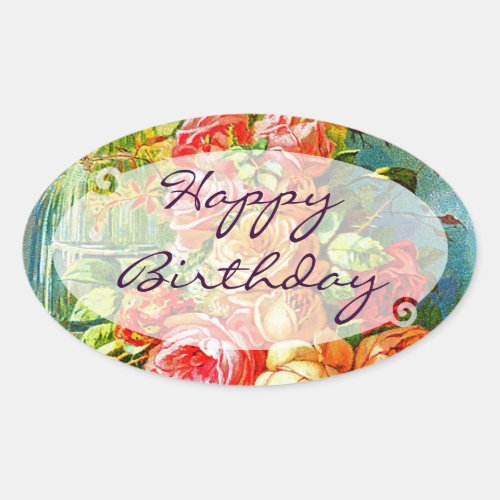Vintage Rose Birthday Oval Sticker