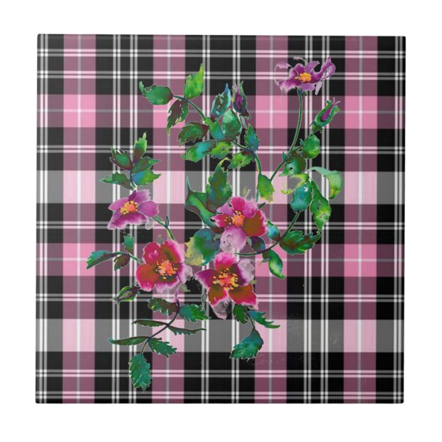 Vintage Rose - black and pink plaid Ceramic Tile (Front)