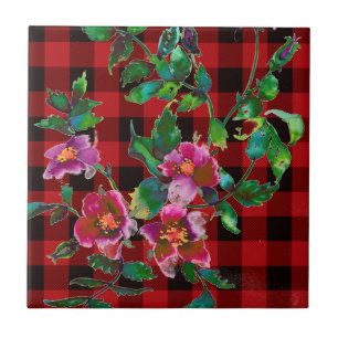 Vintage Rose black and red plaid Ceramic Tile