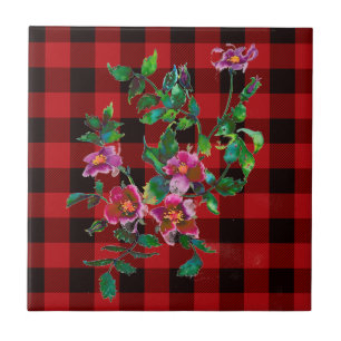 Vintage Rose black and red plaid Ceramic Tile