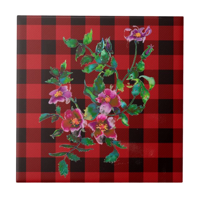 Vintage Rose black and red plaid Ceramic Tile (Front)