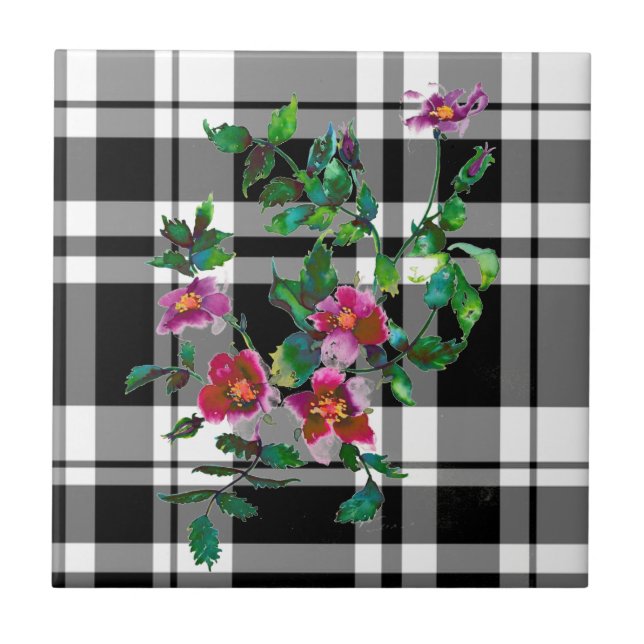 Vintage Rose - black and white plaid Ceramic Tile (Front)