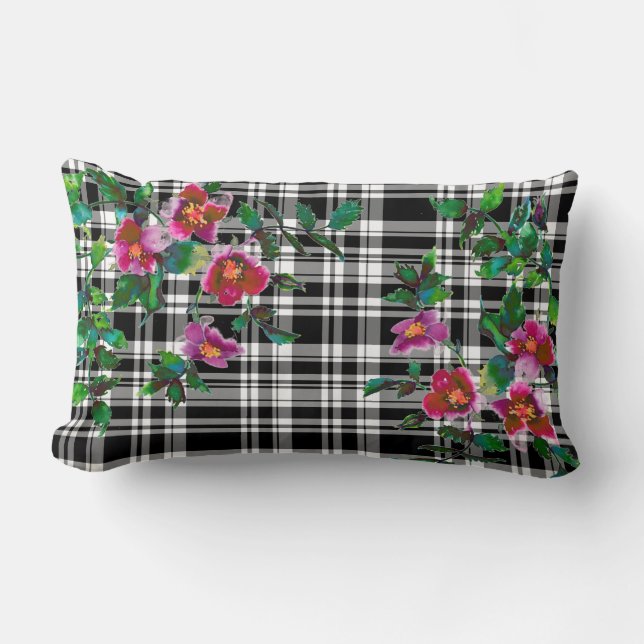 Vintage Rose - black and white plaid Lumbar Pillow (Front)