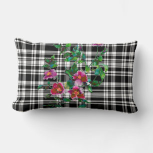 Vintage Rose - black and white plaid Lumbar Pillow
