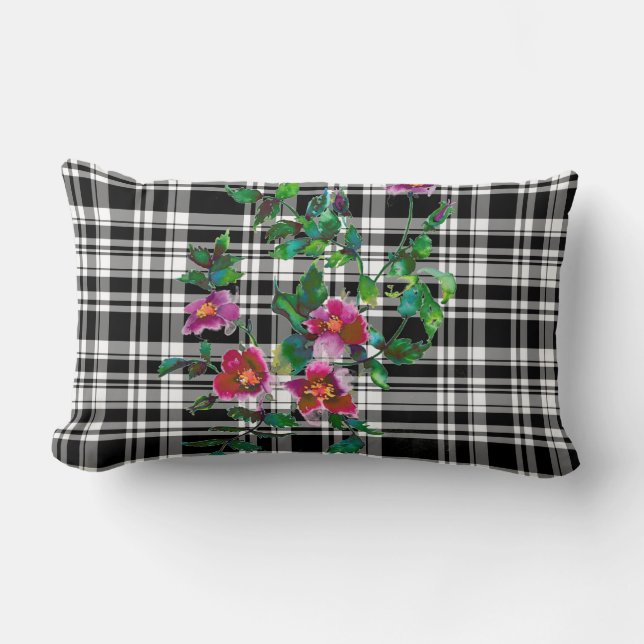 Vintage Rose - black and white plaid Lumbar Pillow (Front)