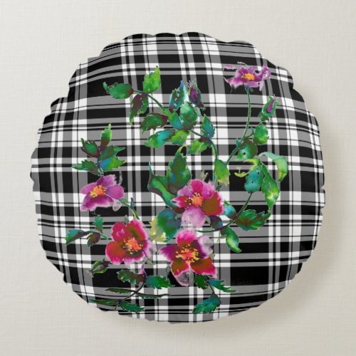 Vintage Rose _ black and white plaid Round Pillow