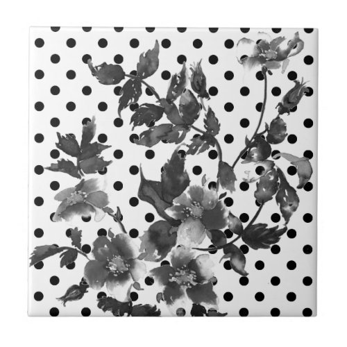 Vintage rose _ black and white polka_dots ceramic tile