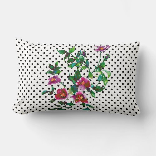 Vintage Rose _ black and white polka_dots Lumbar Pillow