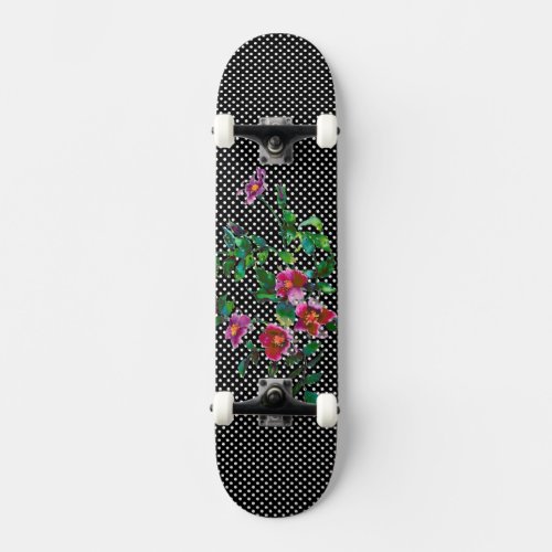 Vintage rose black and white polka_dots skateboard deck