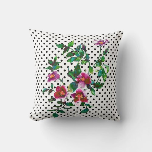 Vintage Rose _ black and white polka_dots Throw Pillow