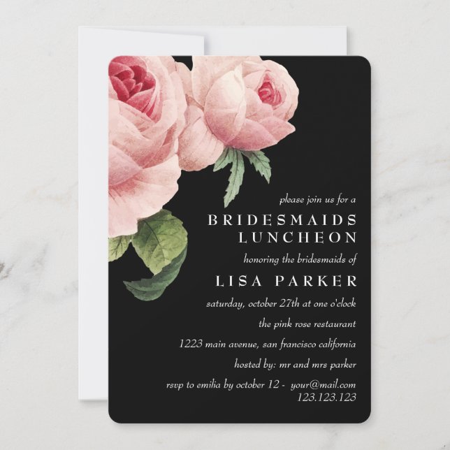 Vintage Rose Black Bridesmaid Luncheon Wedding Invitation (Front)