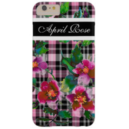 Vintage rose black/pink plaid  monogrammed barely there iPhone 6 plus case