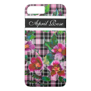 Vintage rose black/pink plaid monogrammed iPhone 8 plus/7 plus case