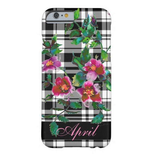 Vintage Rose _ black plaid _monogrammed Barely There iPhone 6 Case