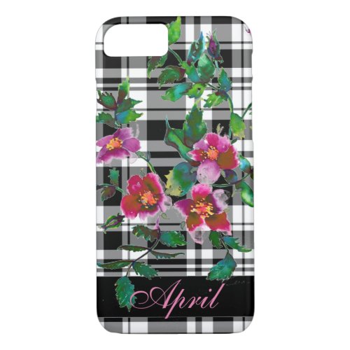 Vintage Rose _ black plaid _monogrammed iPhone 87 Case