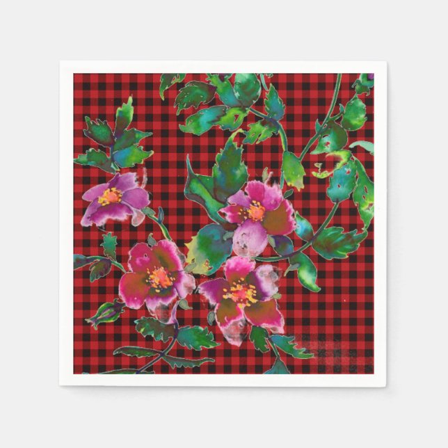 Vintage Rose black/red plaid Paper Napkins (Front)