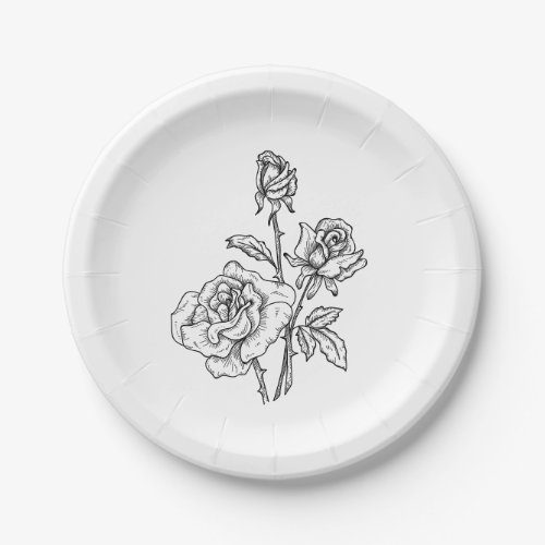 Vintage Rose Black White Floral Wedding Flowers Paper Plates