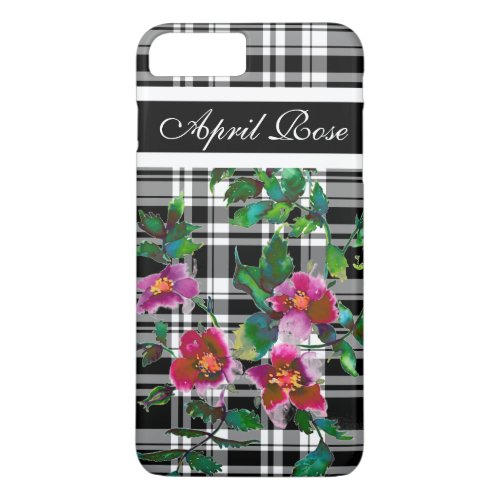 Vintage rose blackwhite plaid  monogrammed iPhone 8 plus7 plus case