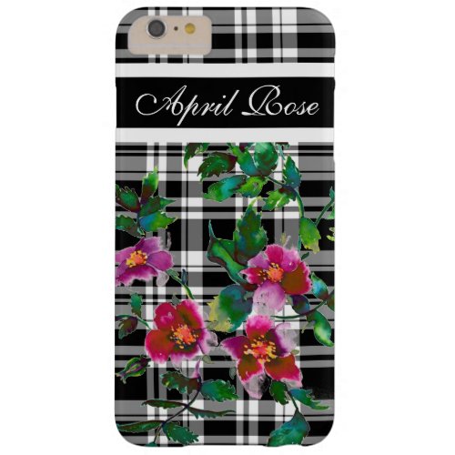 Vintage rose blackwhite plaid  monogrammed barely there iPhone 6 plus case