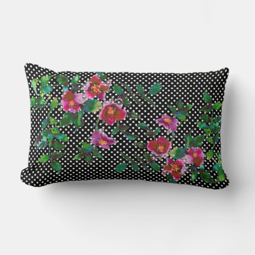 Vintage Rose _blackwhite  polka_dots Lumbar Pillow