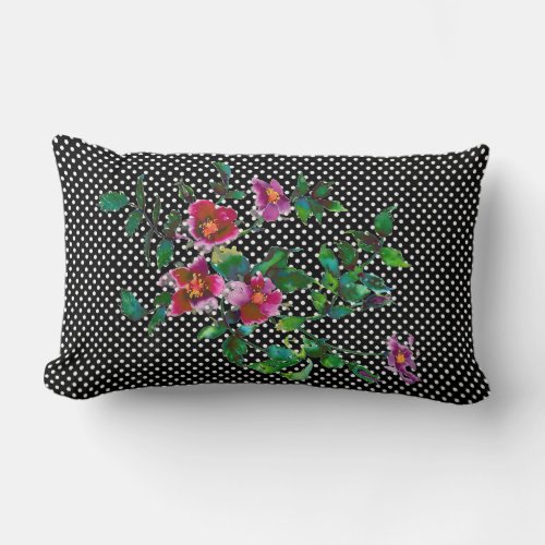 Vintage Rose _blackwhite  polka_dots Lumbar Pillow