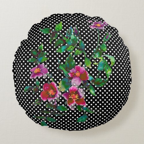 Vintage  Rose blackwhite polka_dots Round Pillow