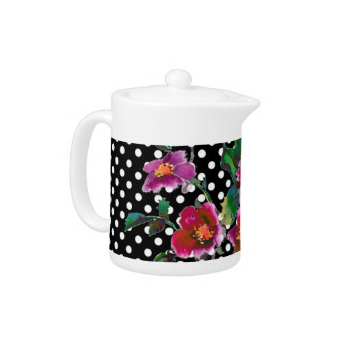 Vintage Rose blackwhite polka dots Teapot
