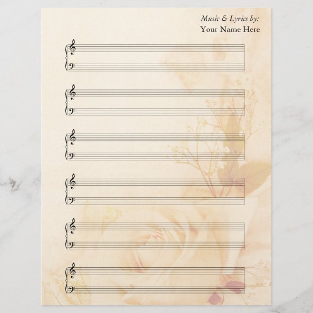 Vintage Rose Blank Sheet Music  Piano Staves (Front)