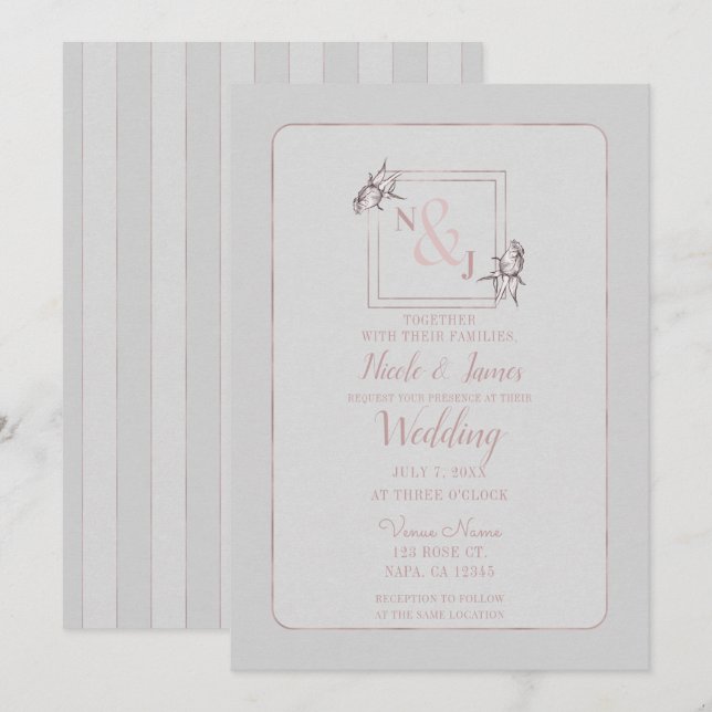 Vintage Rose Botanical Natural Pink Gold Wedding Invitation (Front/Back)