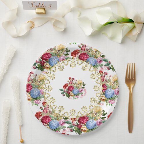 Vintage Rose Botanical with Elegant Gold Filigree Paper Plates