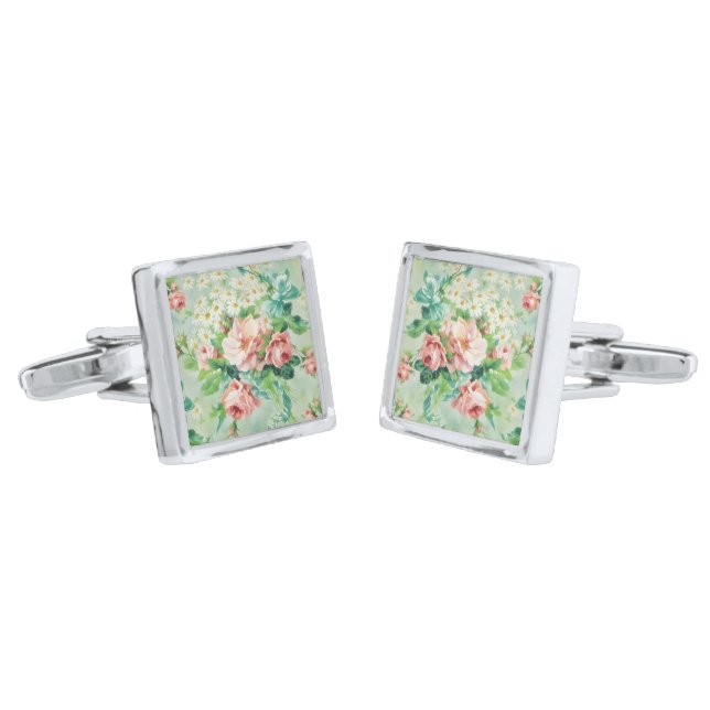 Vintage Rose Bouquet Art Silver Cufflinks (Angled)